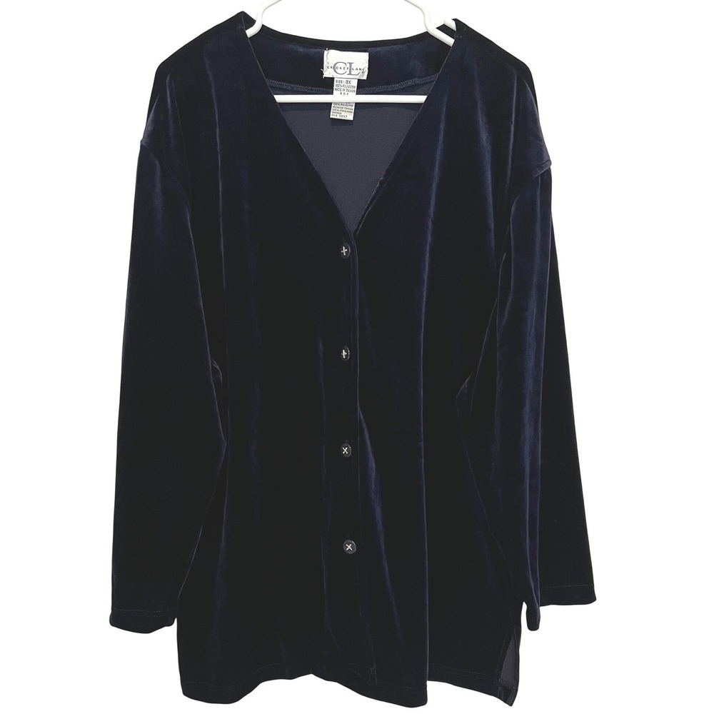 Cricket Lane Womens 3X Cardigan Navy Blue Velvet Top Button Front V-Neck Velour
